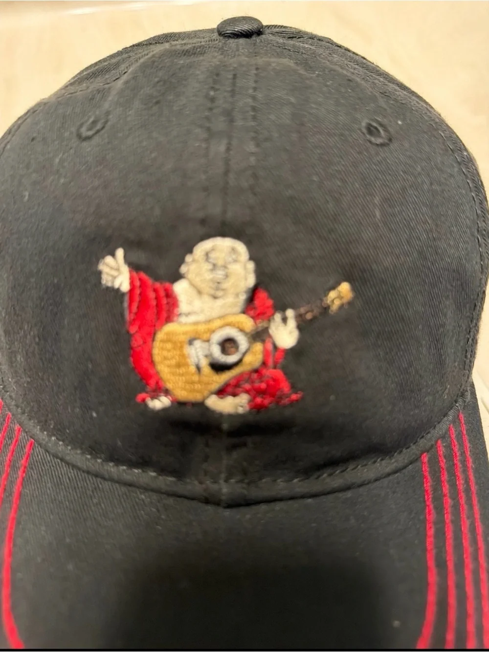 True Religion Black Baseball Cap with Red Stitching and Embroidered Buddha